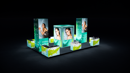 20×30 Beauty Show Booth with Backlit Towers, Storage & L-Shaped Counters