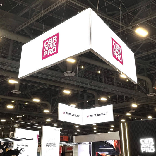 L-Shaped Double-Sided Backlit Expo Hanging Sign Display for SEMA Show