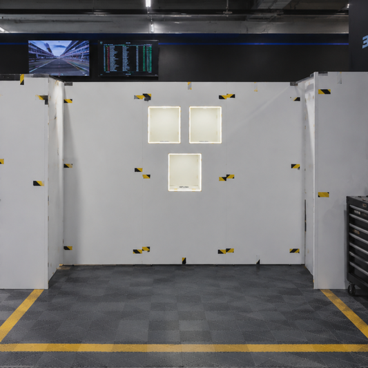 Custom Pit Walling System with Built-in Helmet Box Motorsport Pit Garage Solution