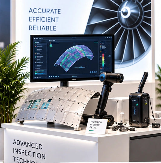 Aviation inspection demonstration counter displaying an aircraft panel sample, handheld scanner and inspection visualization screen