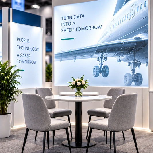 Aviation booth meeting area with gray chairs, a round table and an illuminated aircraft backdrop