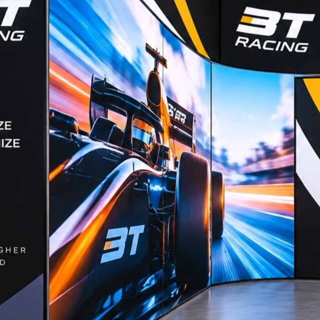 20x20 Custom Corner Booth with Curved LED Video Wall & Counter for PRI Show