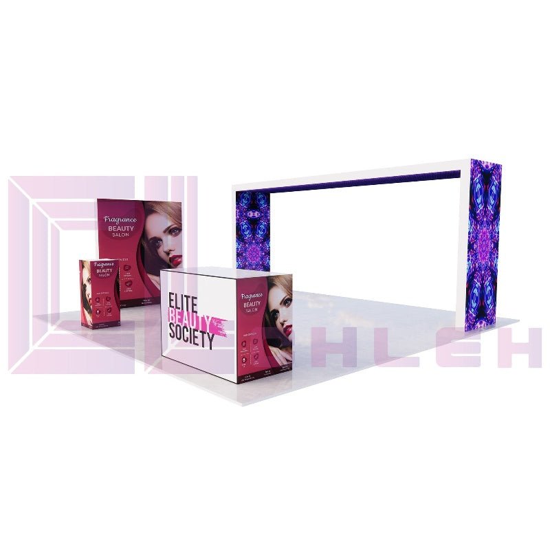 Bright Amazing 20x20 Creative Luminars Booth with LED Video Wall Arch for Trade Shows.