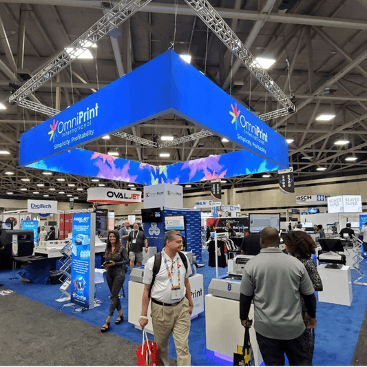 Creative Stunning Exhibition Booth Design With Edge LED Lighting SEG Fabric Hanging Signs