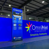 Creative Stunning Exhibition Booth Design With Edge LED Lighting SEG Fabric Hanging Signs