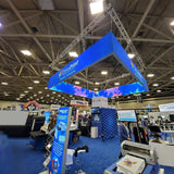 Creative Stunning Exhibition Booth Design With Edge LED Lighting SEG Fabric Hanging Signs