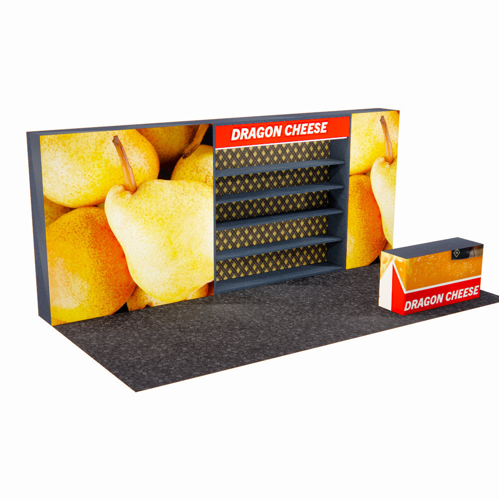 Dual LED Video Wall 10x20 Trade Show Booth with Product Shelving