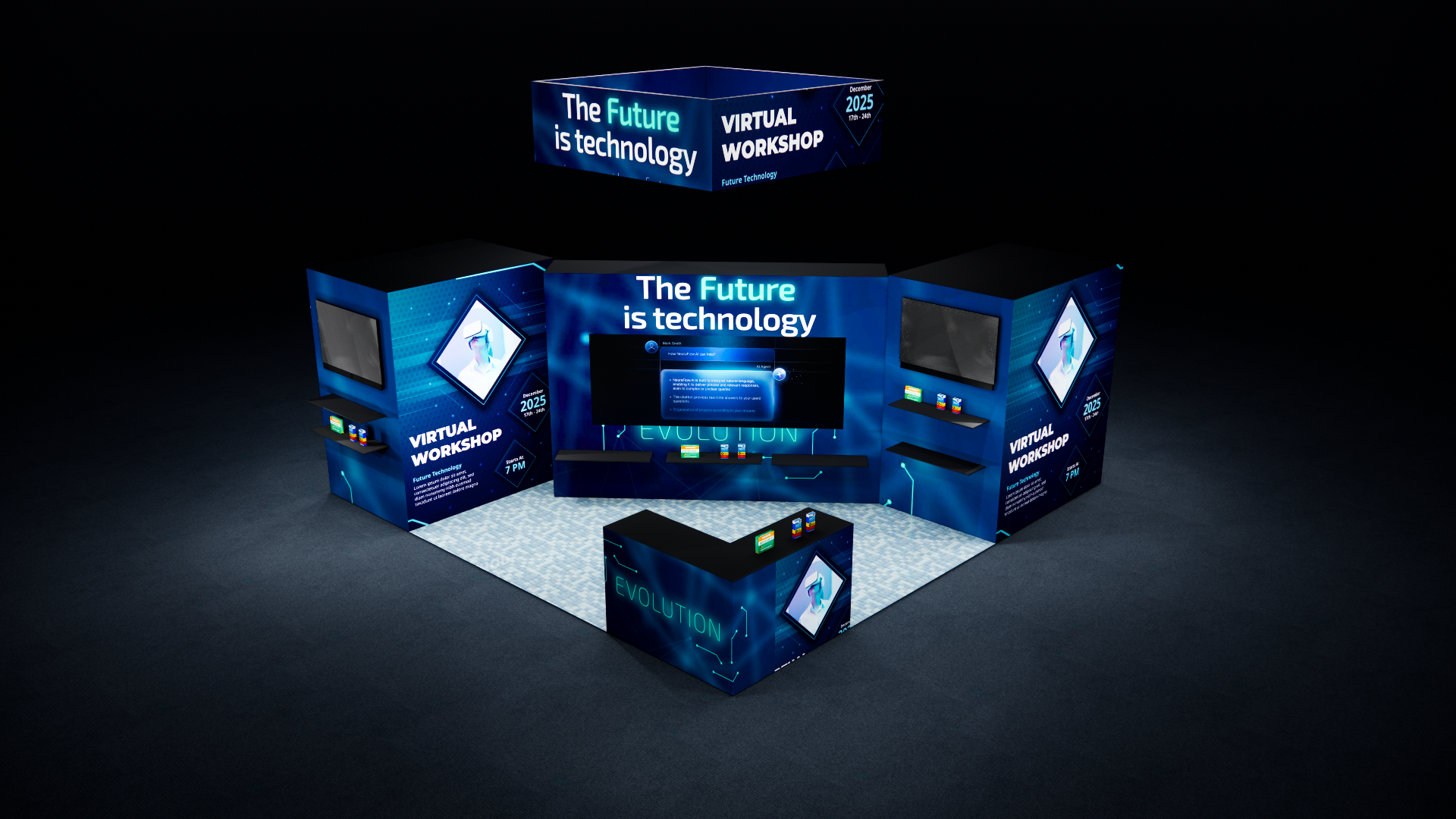 20×20 Island Booth with LED Video Wall, Dual Storage & Backlit Counters