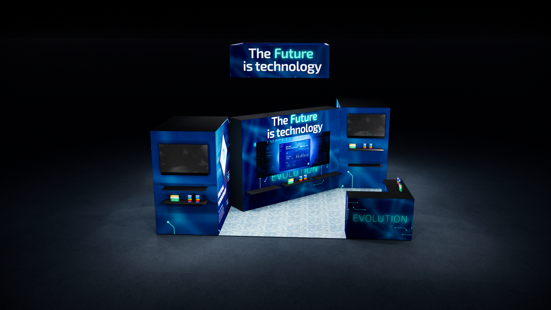 20×20 Island Booth with LED Video Wall, Dual Storage & Backlit Counters