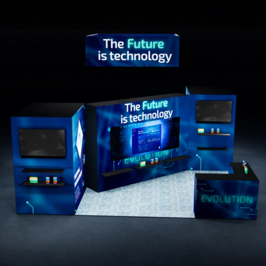 20×20 Island Booth with LED Video Wall & Hanging Sign for Trade Show