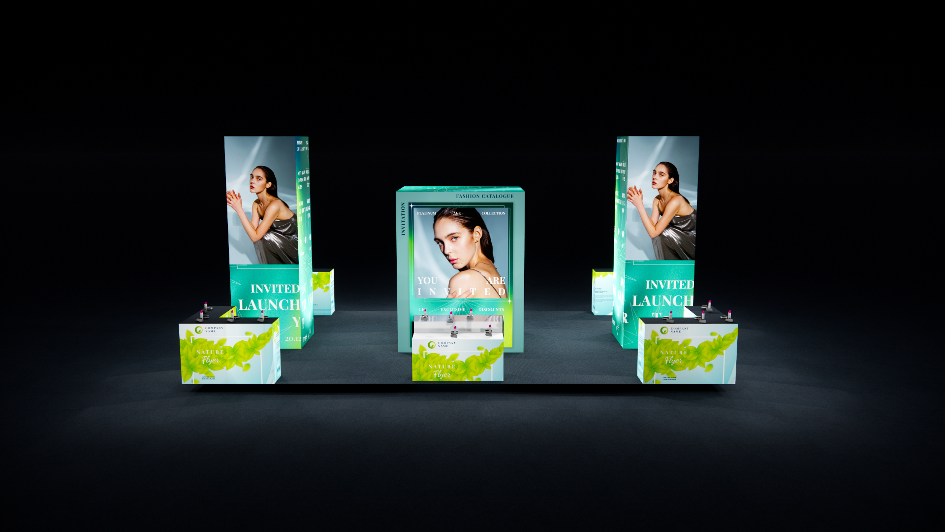 20×30 Beauty Show Booth with Backlit Towers, Storage & L-Shaped Counters