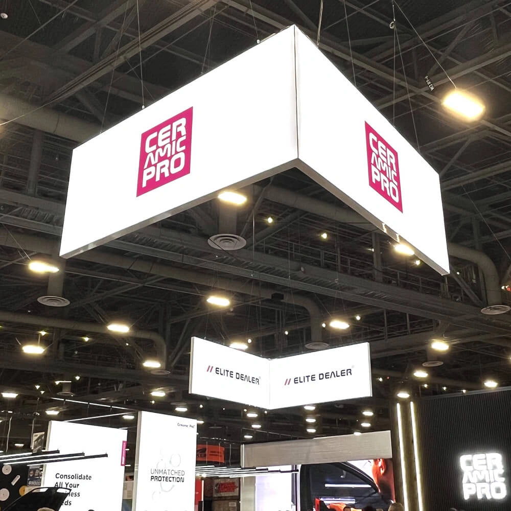 L-Shaped Double-Sided Backlit Expo Hanging Sign Display for SEMA Show