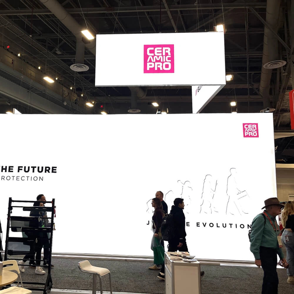 L-Shaped Double-Sided Backlit Expo Hanging Sign Display for SEMA Show