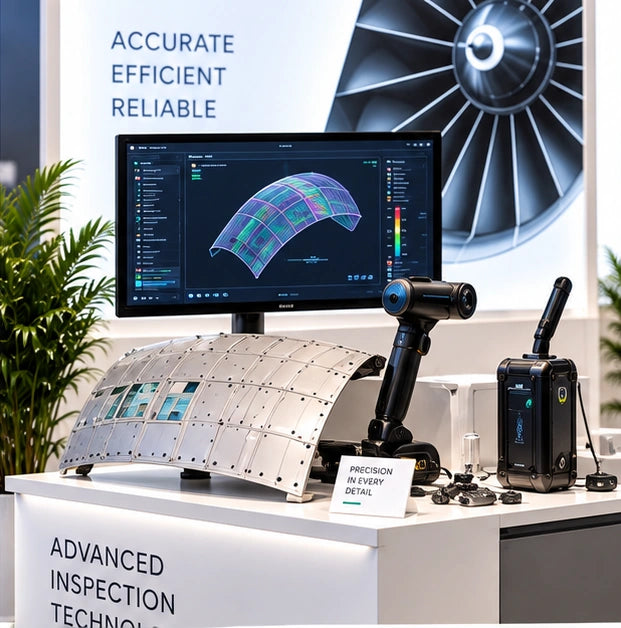 Aviation inspection demonstration counter displaying an aircraft panel sample, handheld scanner and inspection visualization screen