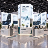 Aircraft maintenance booth concept for MRO Americas 2027 with a backlit brand tower, demonstration counters and meeting areas