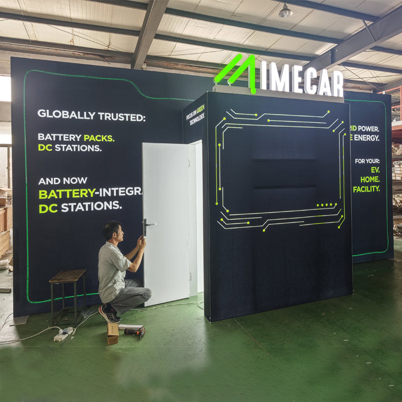 20x20 Trade Show Booth Design for The Battery Show with LED Branding and Integrated Storage