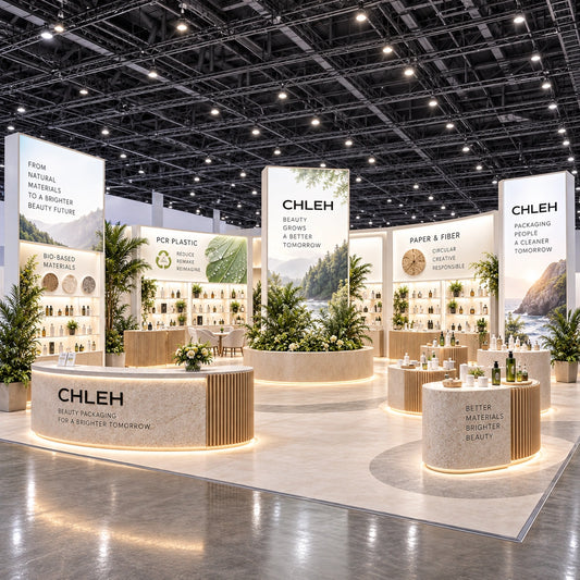 Beauty and cosmetic packaging trade show booth with curved counters, illuminated display walls, tall brand pillars and meeting areas