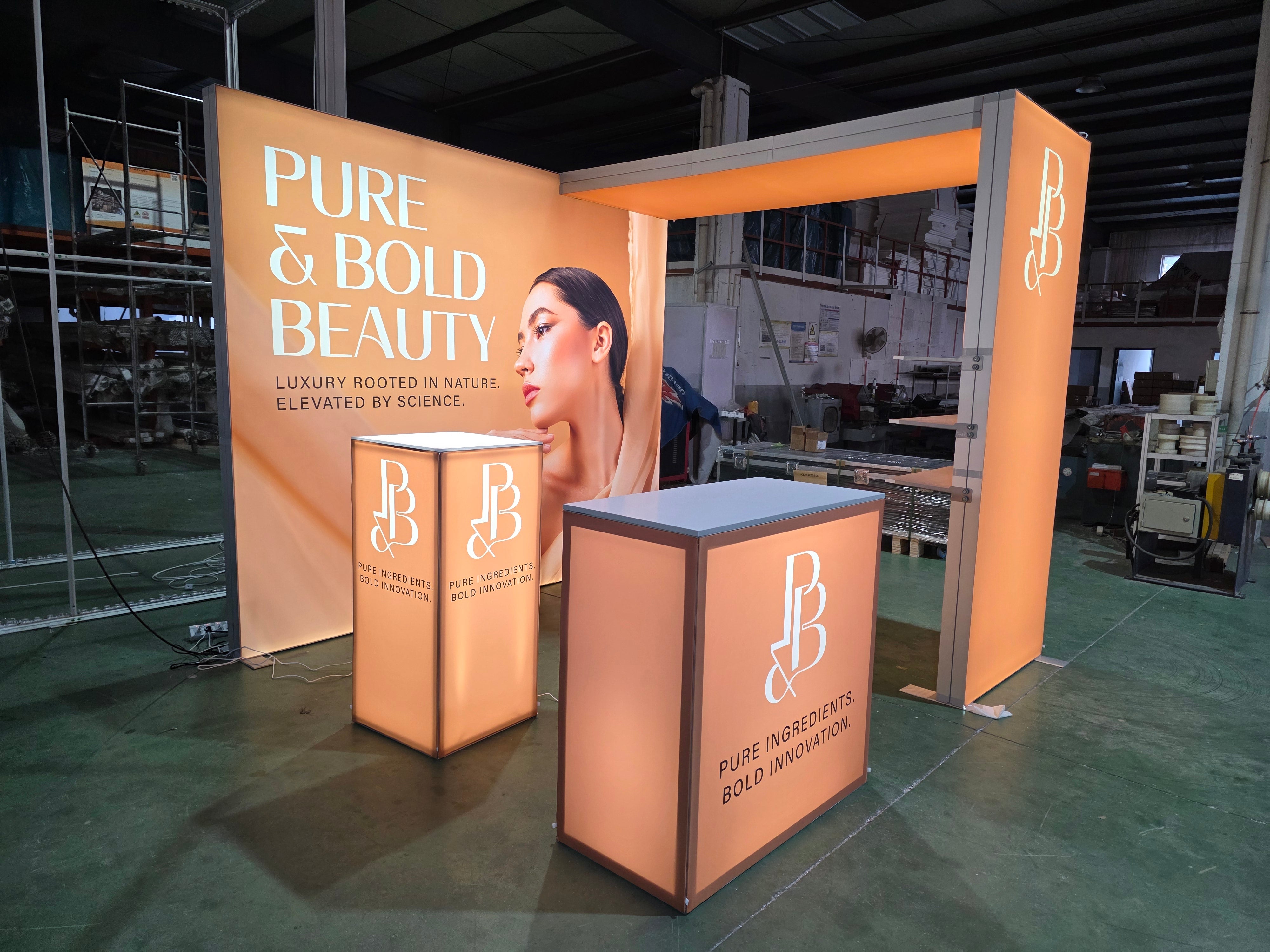 10×10 Portable Beauty Show Booth with Backlit Arch & Showcase