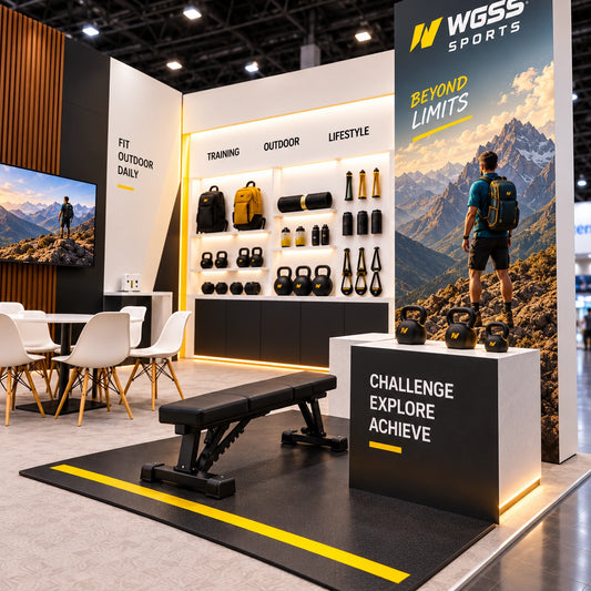 Fitness demonstration zone within a sports trade show booth, featuring contrasting flooring and an illuminated display plinth