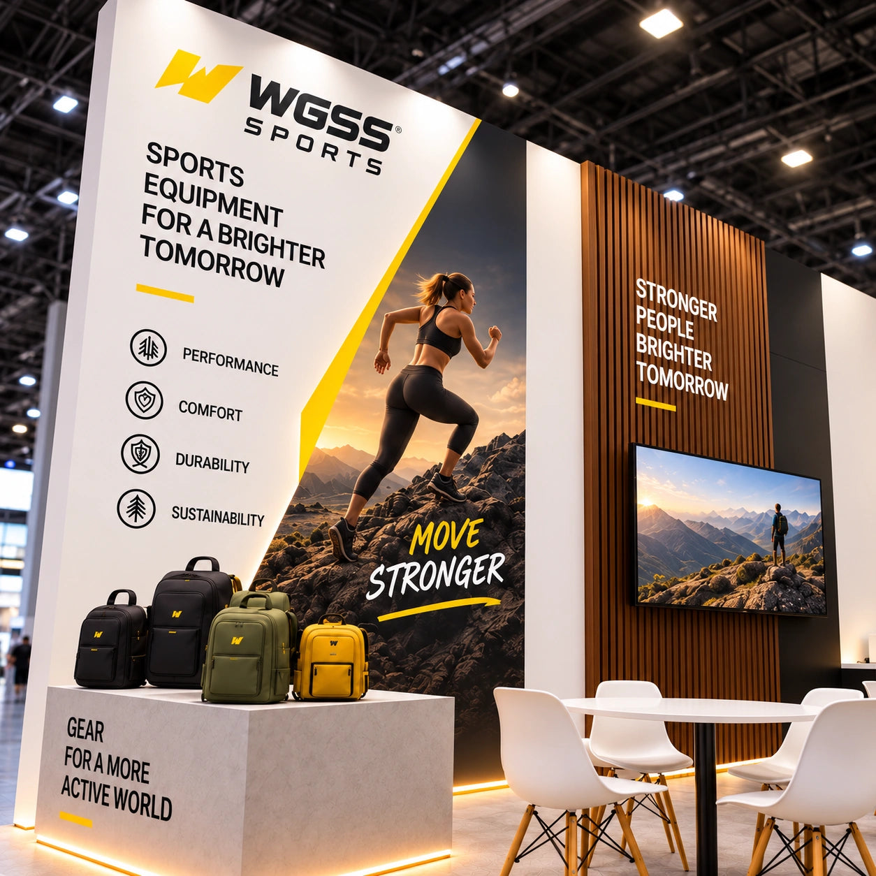 Sports trade show booth with a wood slat feature wall, integrated screen, outdoor graphics and meeting furniture