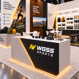 Stone-look exhibition reception counter with an angular black branding panel and yellow accent lighting