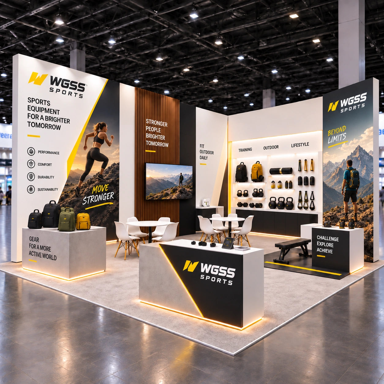 Sports and outdoor exhibition booth with illuminated shelving, stone-look counters, a wood slat wall and meeting areas