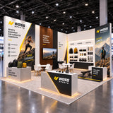 Sports and outdoor exhibition booth with illuminated shelving, stone-look counters, a wood slat wall and meeting areas