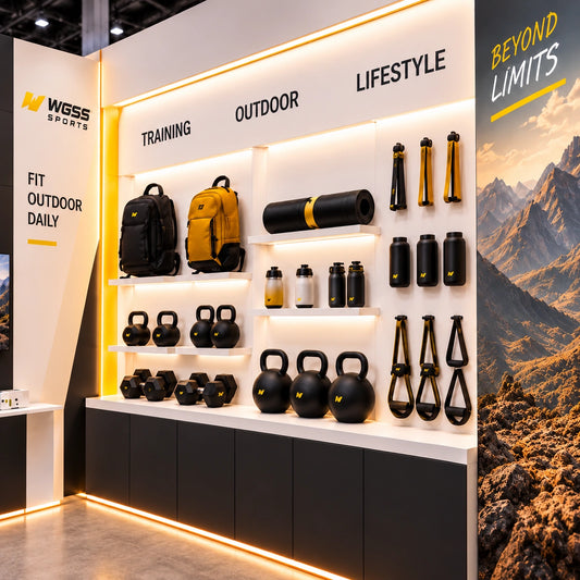 Sports exhibition booth display wall with illuminated shelves, hanging product displays and enclosed base cabinets