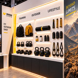 Sports exhibition booth display wall with illuminated shelves, hanging product displays and enclosed base cabinets