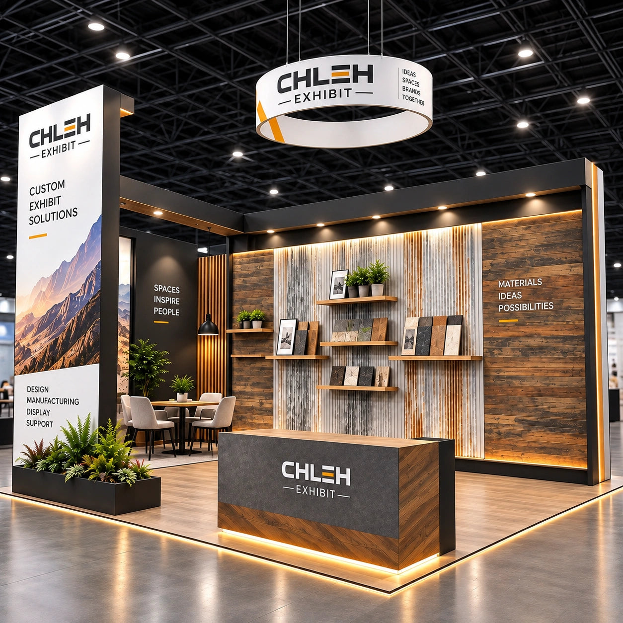 High-end 20x20 Trade Show Booth Display Design with Refined Wooden Finishes